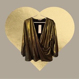 NWT- Cooper and Ella faux wrap gold metallic blouse